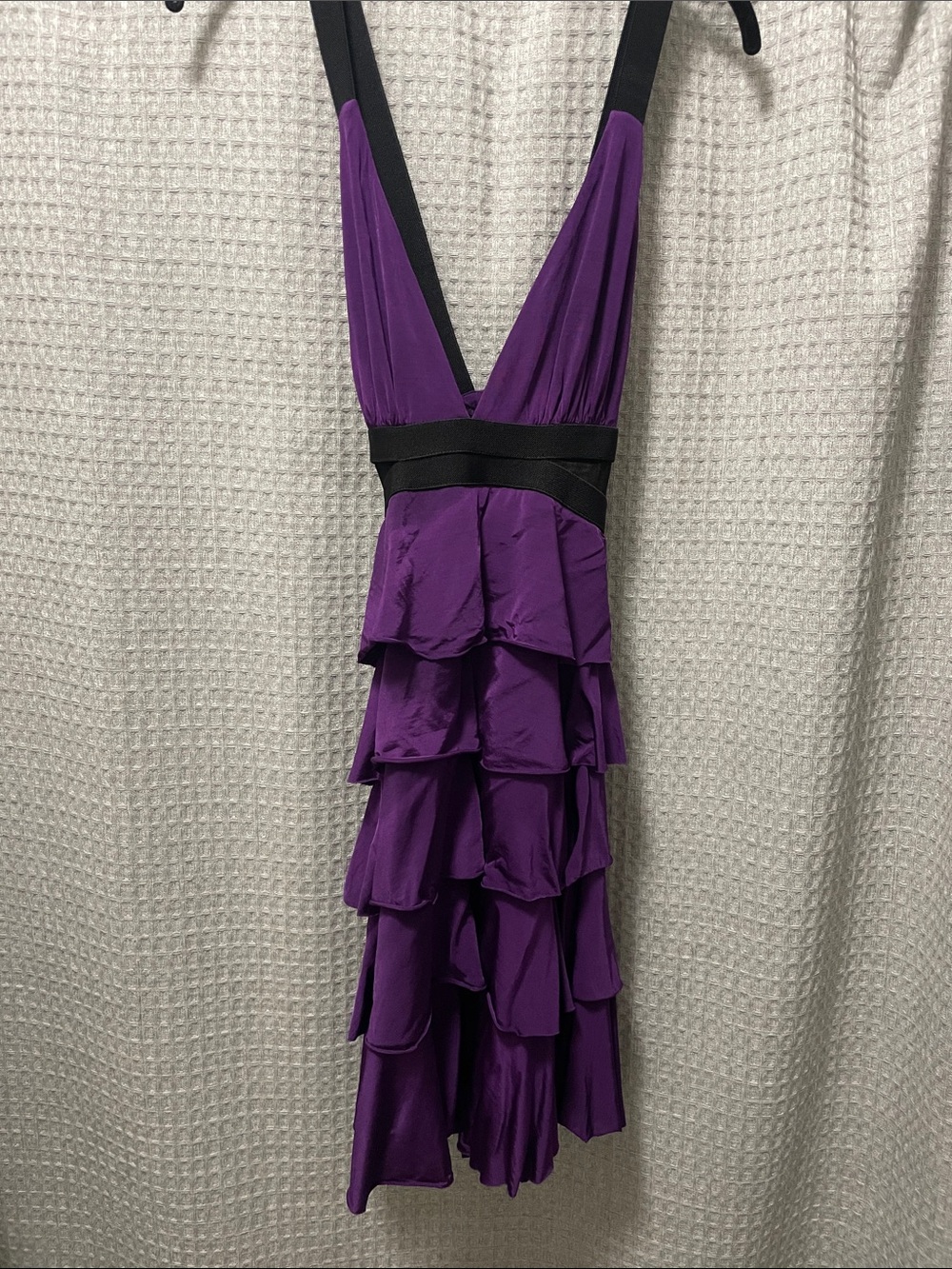 bebe Purple Tiered Ruffle Dress with Black Waist